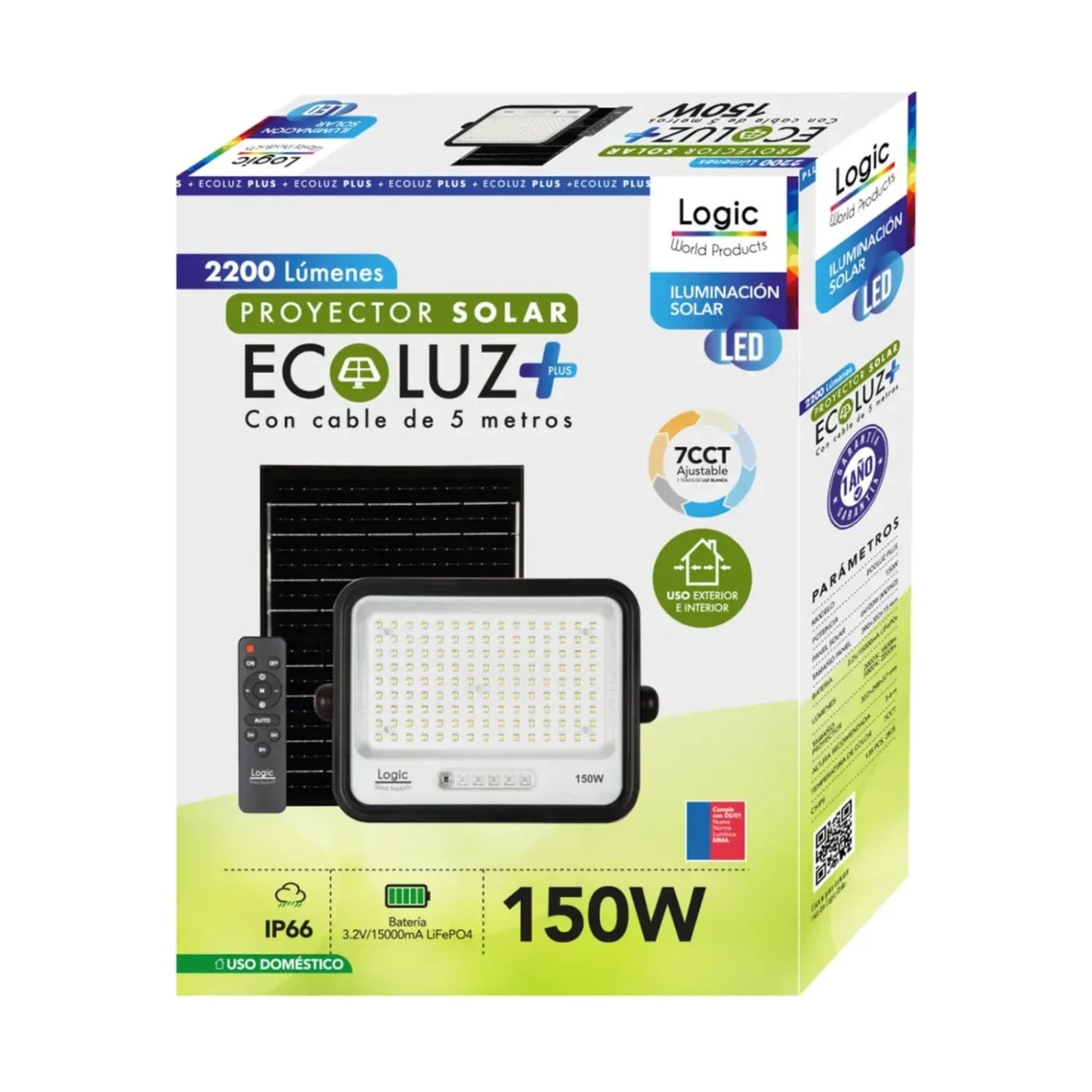 Caja del Proyector Solar LED EcoLuz Plus 150W con temperatura de color ajustable 7CCT, protección IP66, batería LiFePO4 y control remoto para iluminación solar exterior.