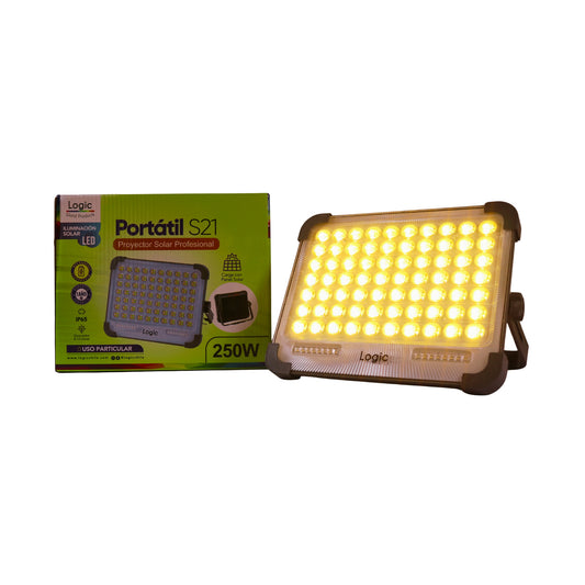 Foco solar portátil S21P-250W encendido, con iluminación LED potente y uniforme, ideal para trabajo, emergencias y uso outdoor.