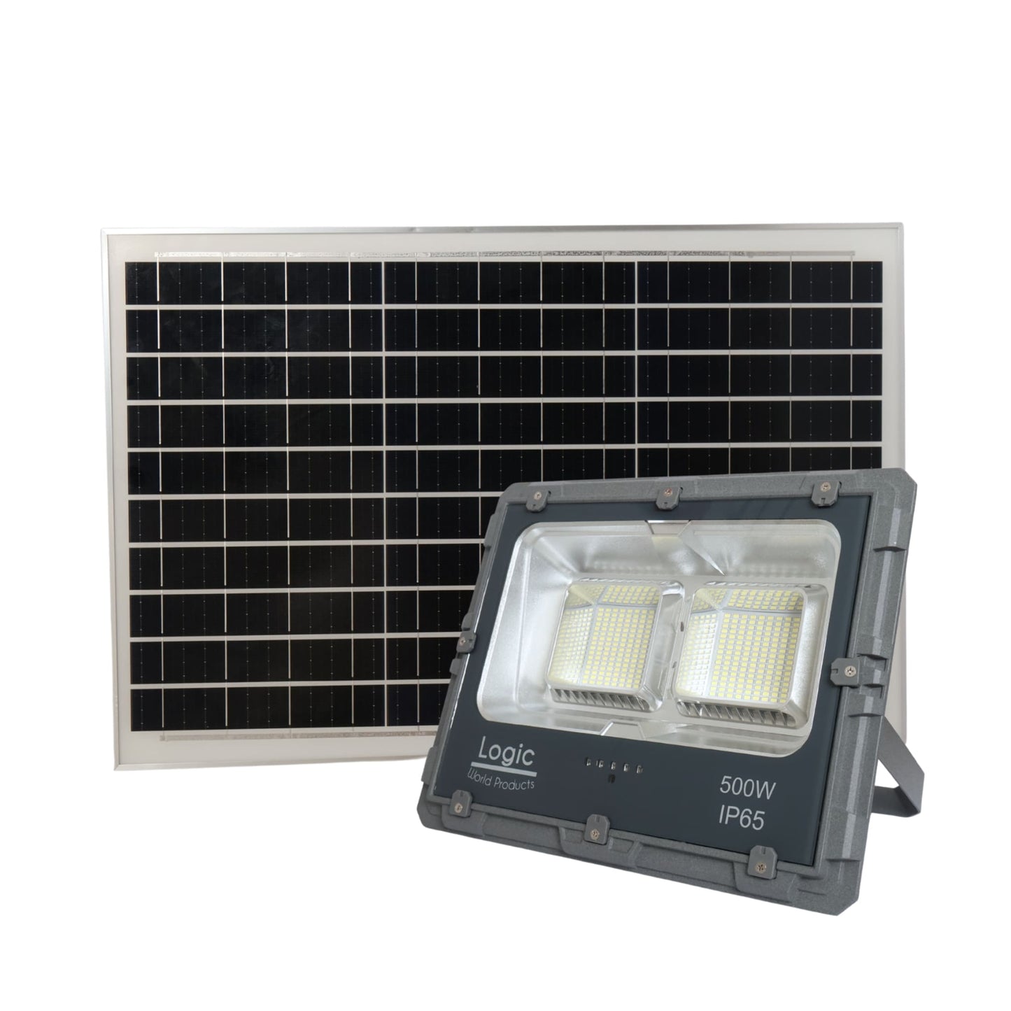 Proyector Solar LED Alta Potencia 500W Luz Fría IP65 con panel solar monocristalino externo, diseñado para iluminar estacionamientos, canchas, galpones, parcelas, accesos y grandes espacios exteriores sin conexión a la red eléctrica.