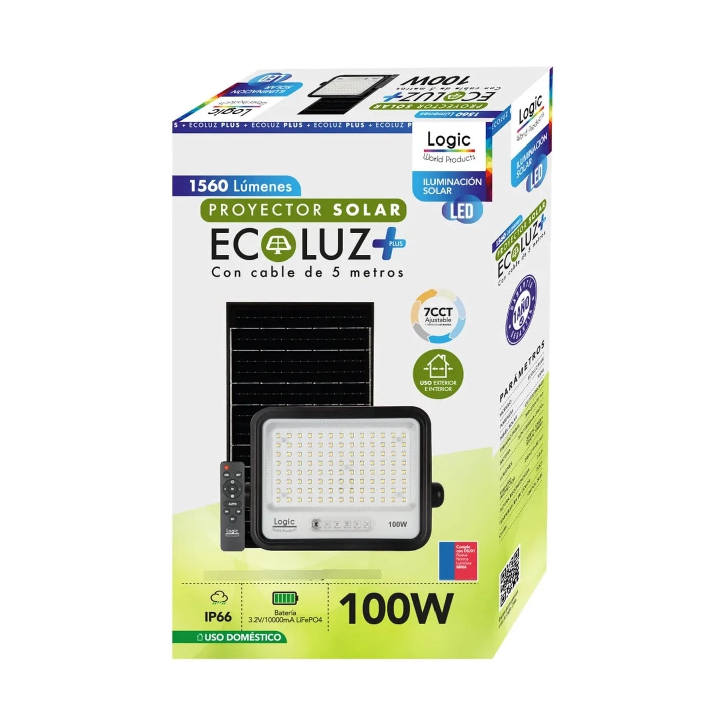 Caja del Proyector Solar LED EcoLuz Plus 100W con tecnología 7CCT ajustable, protección IP66, batería LiFePO4 y control remoto para iluminación exterior e interior.