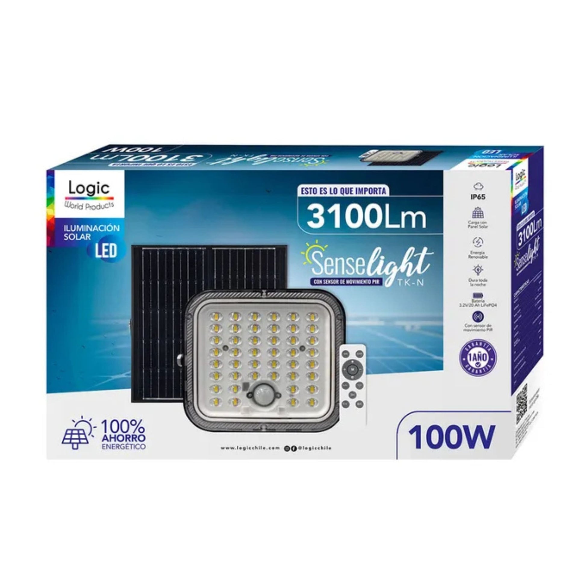 Kit Proyector Solar LED SenseLight 100W con panel solar, sensor PIR, control remoto y caja original de producto.