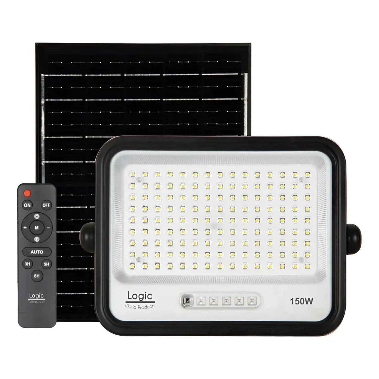 Proyector Solar LED EcoLuz Plus 150W con panel solar monocristalino, control remoto, tecnología 7CCT ajustable e índice de protección IP66 para patios, jardines, estacionamientos y accesos exteriores.