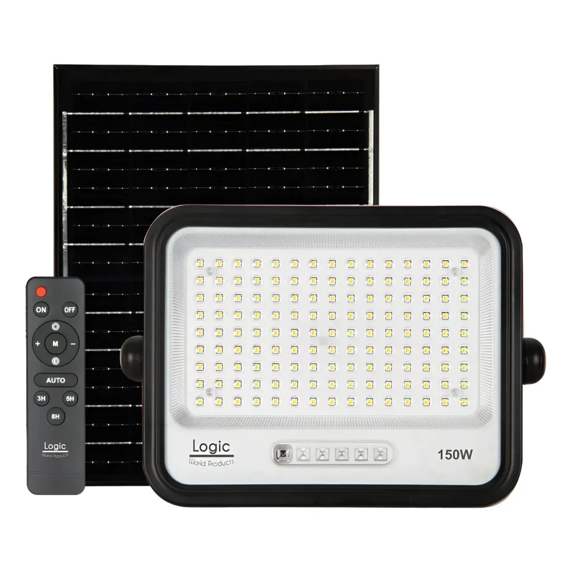Proyector Solar LED EcoLuz Plus 150W con panel solar monocristalino, control remoto, tecnología 7CCT ajustable e índice de protección IP66 para patios, jardines, estacionamientos y accesos exteriores.