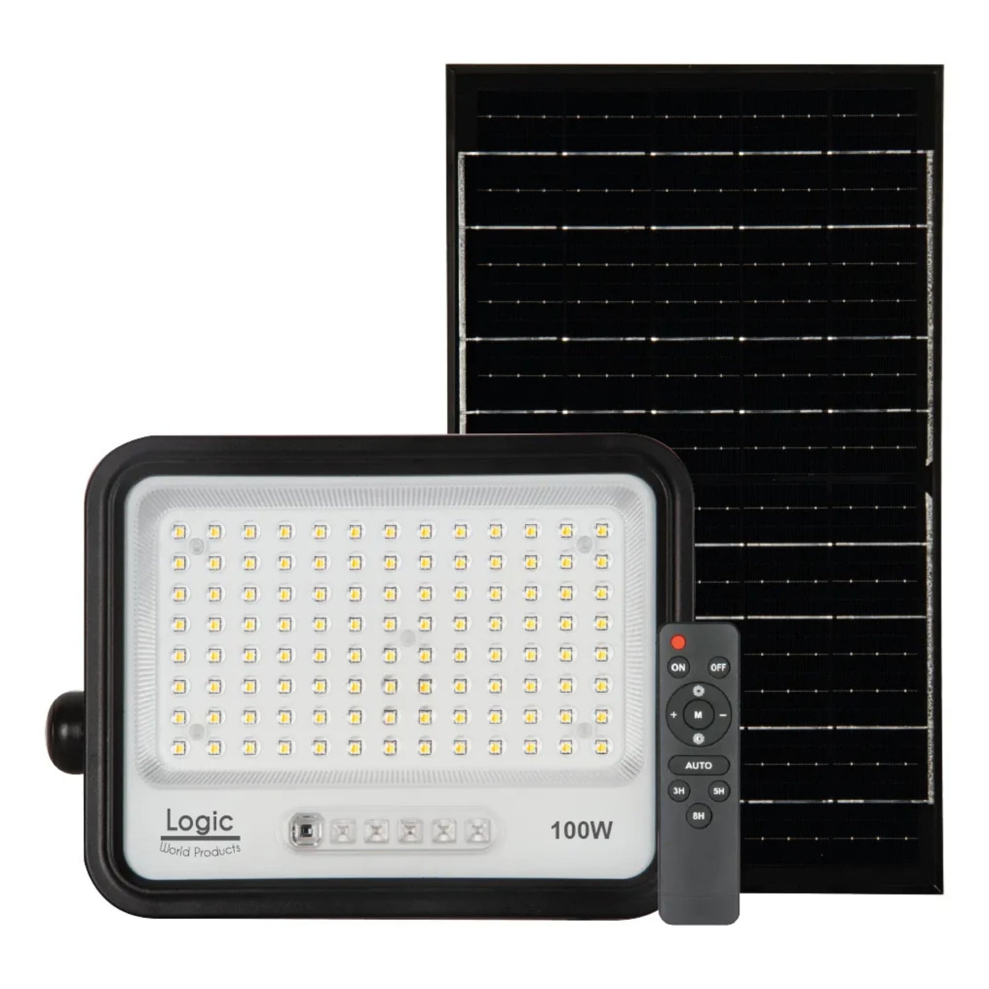 Proyector Solar LED EcoLuz Plus 100W con panel solar monocristalino, control remoto, luz ajustable 7CCT e índice de protección IP66 para patios, jardines, terrazas y accesos.