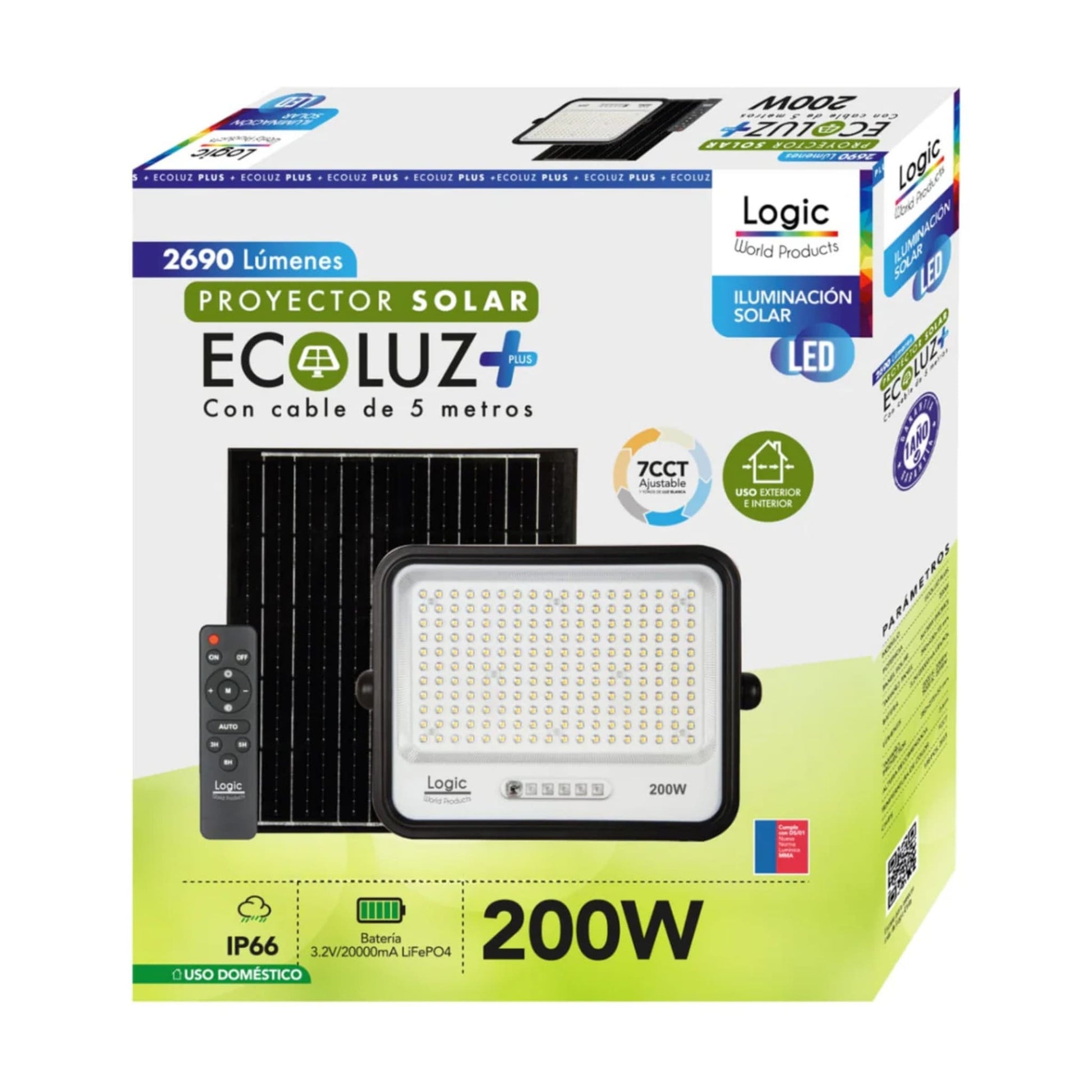 Caja del Proyector Solar LED EcoLuz Plus 200W con tecnología 7CCT ajustable, protección IP66, batería LiFePO4 y control remoto para iluminación solar exterior de alto rendimiento.