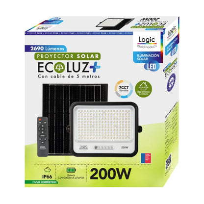 Caja del Proyector Solar LED EcoLuz Plus 200W con tecnología 7CCT ajustable, protección IP66, batería LiFePO4 y control remoto para iluminación solar exterior de alto rendimiento.