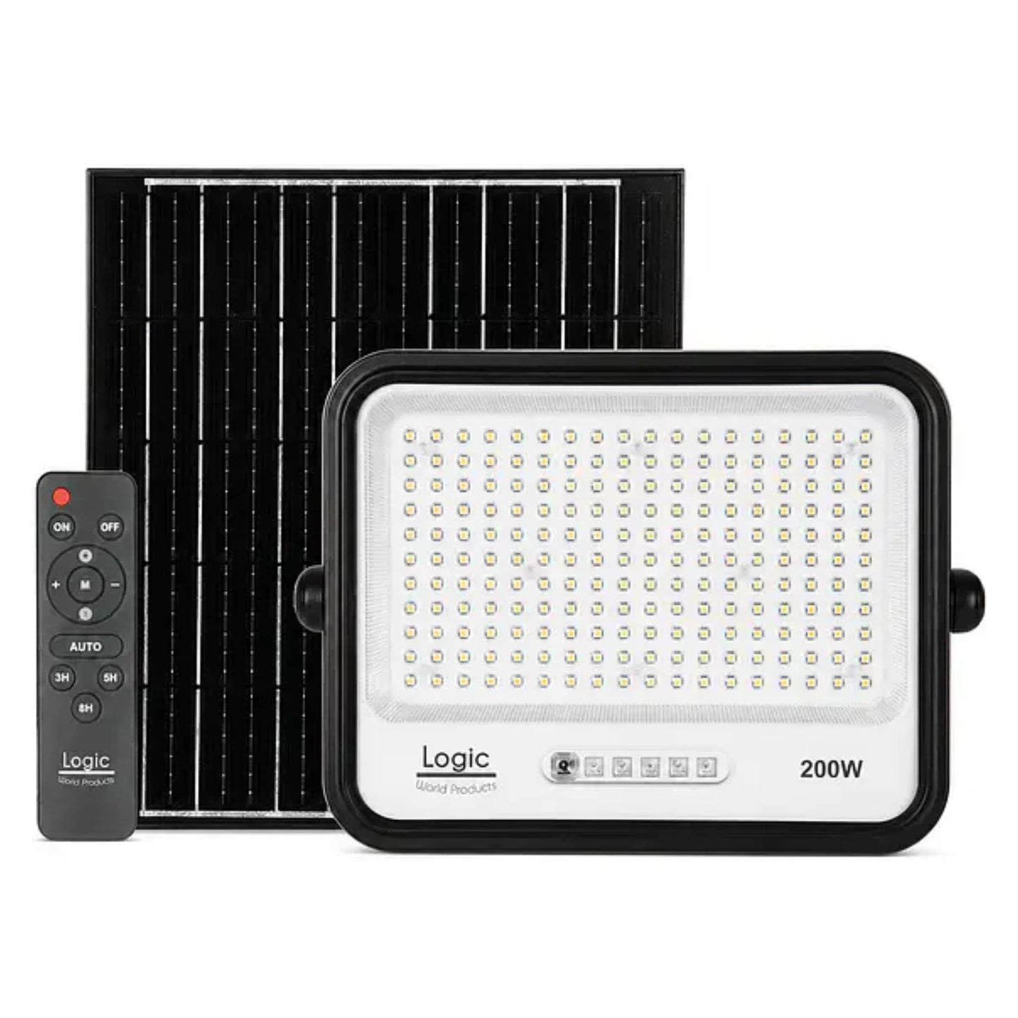 Proyector Solar LED EcoLuz Plus 200W con panel solar monocristalino, control remoto, luz ajustable 7CCT e índice de protección IP66 para patios, jardines, estacionamientos, parcelas y áreas exteriores amplias.