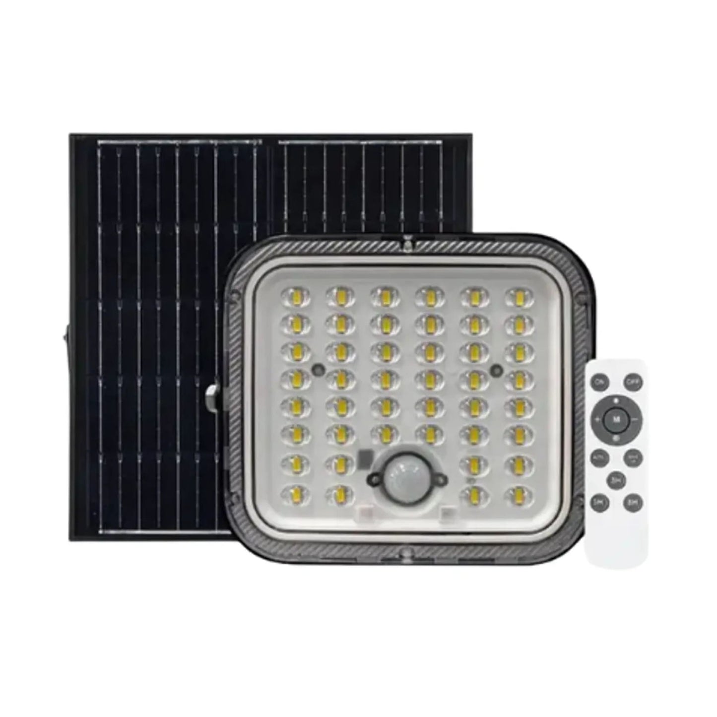 Proyector Solar LED SenseLight 100W luz fría con sensor de movimiento PIR, panel solar independiente y control remoto para exteriores.