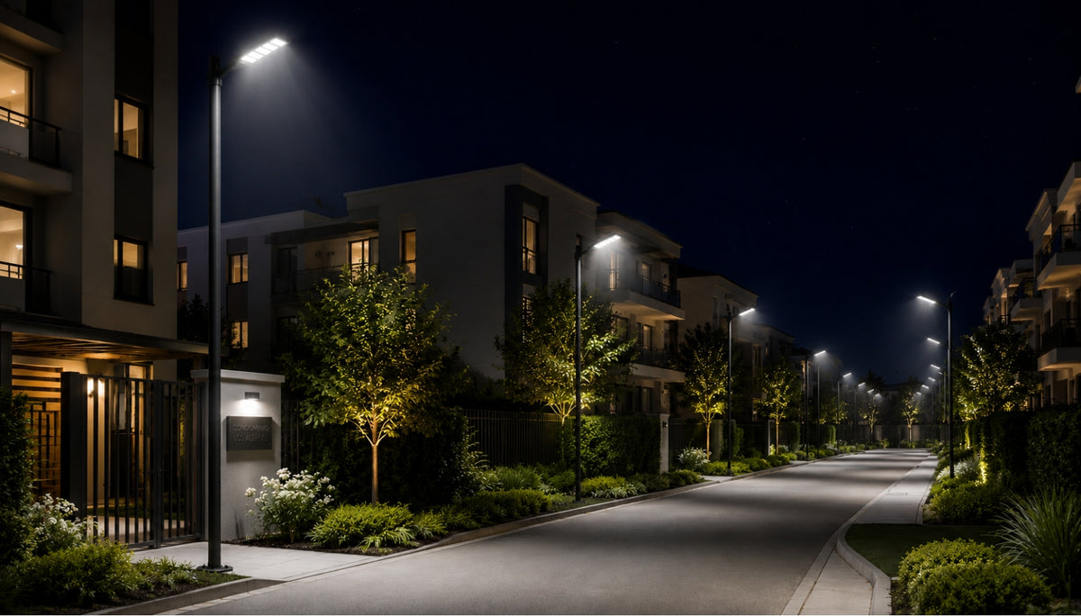 Postes de alumbrado solar iluminando la calle interior de un condominio residencial de noche.