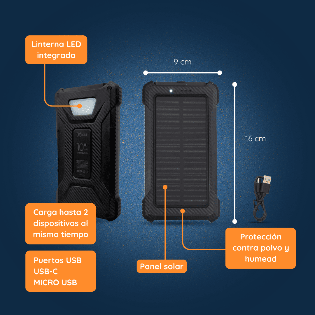 Detalle de batería portátil Felibox con puertos USB para cargar celular y dispositivos en apagones.