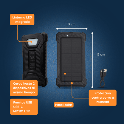 Detalle de batería portátil Felibox con puertos USB para cargar celular y dispositivos en apagones.