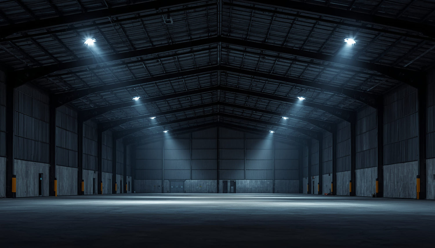 Iluminación solar en galpón industrial con focos LED iluminando espacio amplio.