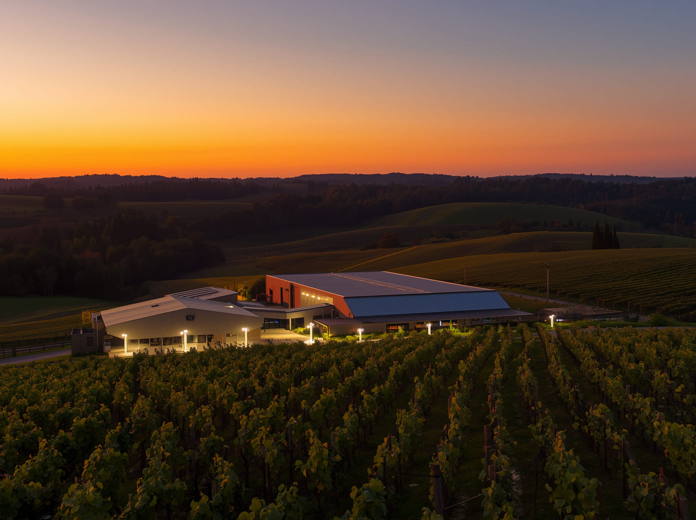 Bodega corporativa en campo agrícola al atardecer, iluminada con proyectores solares exteriores, destacando seguridad perimetral y eficiencia energética en entorno rural profesional.
