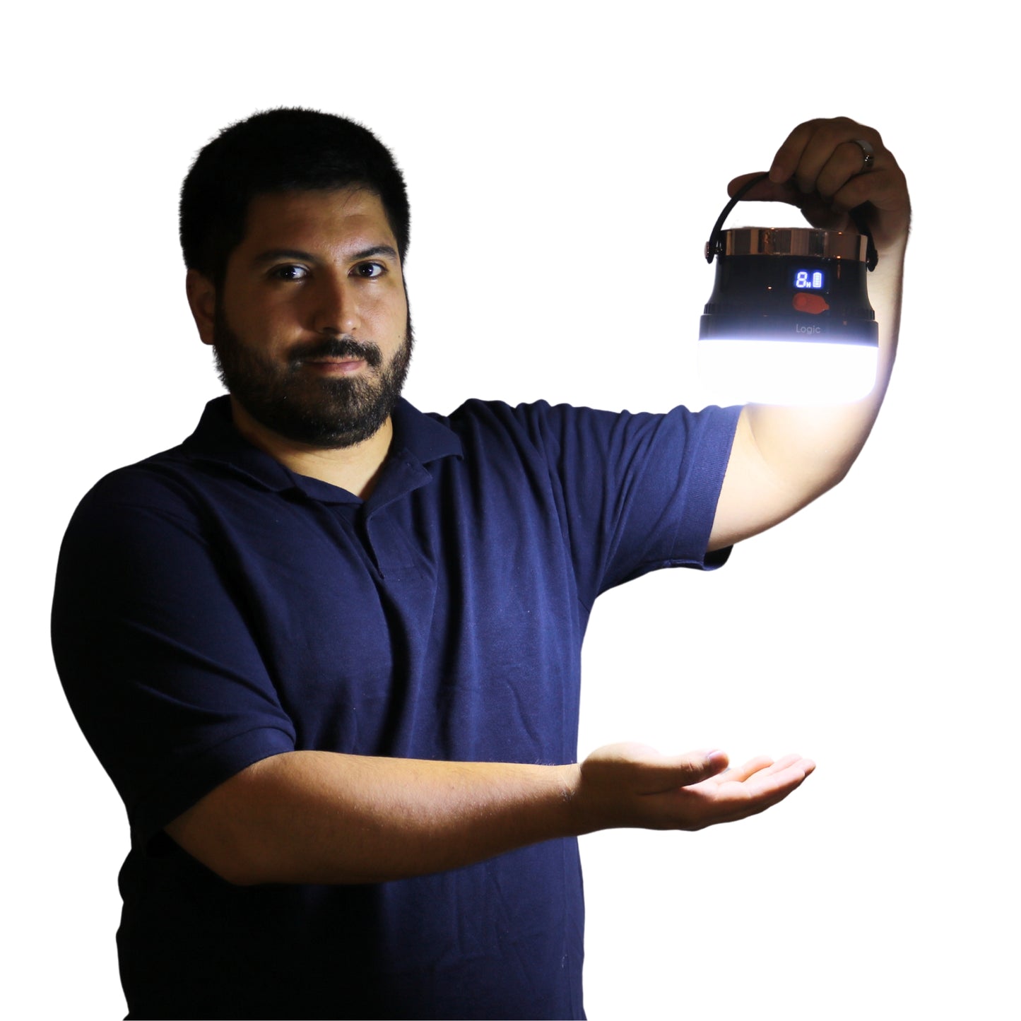 Felipe con luz portátil solar Torchlight 150W con panel solar superior y pantalla de nivel de batería.