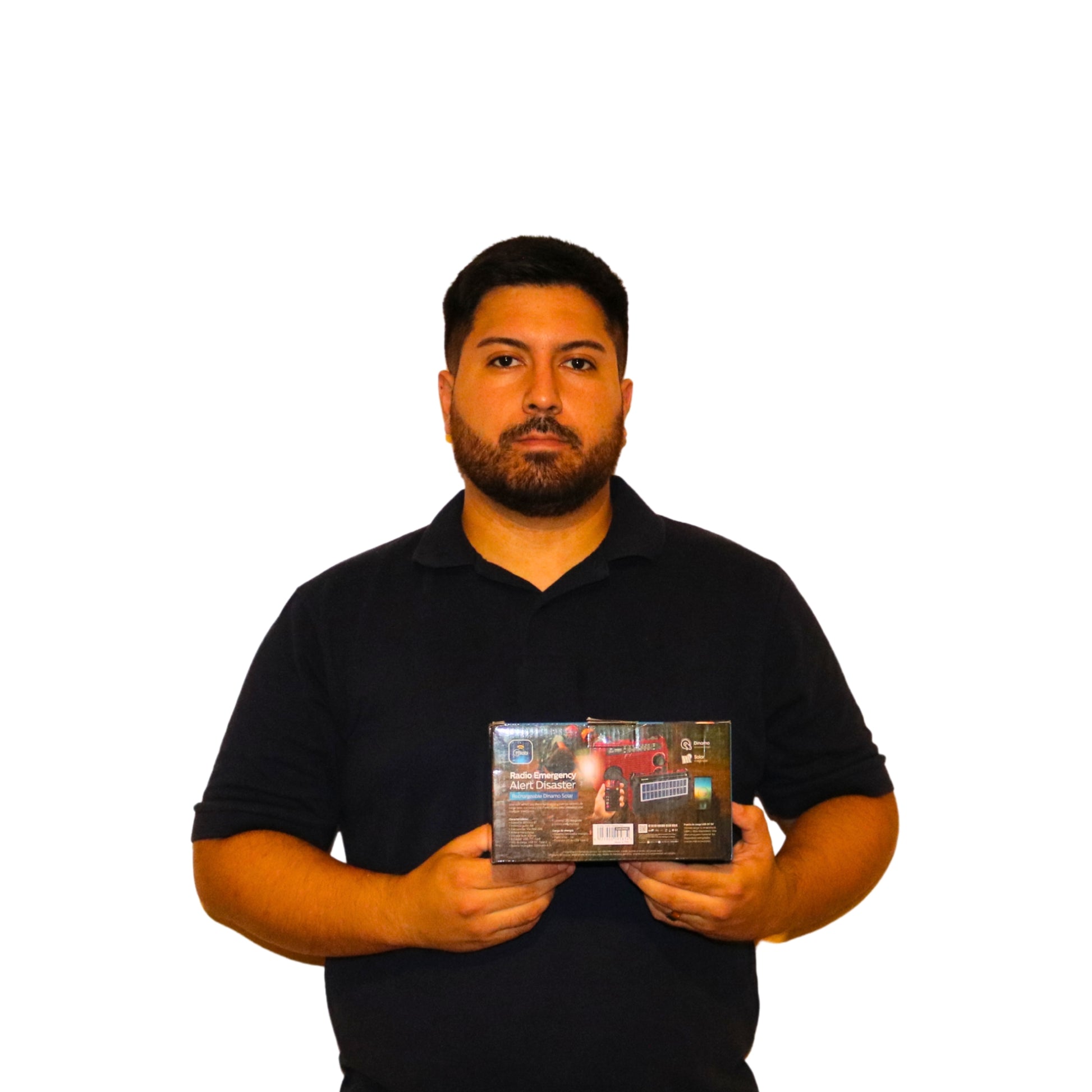 Caja del producto radio de emergencia Mlab con carga solar, linterna LED y generador de energía por dínamo.