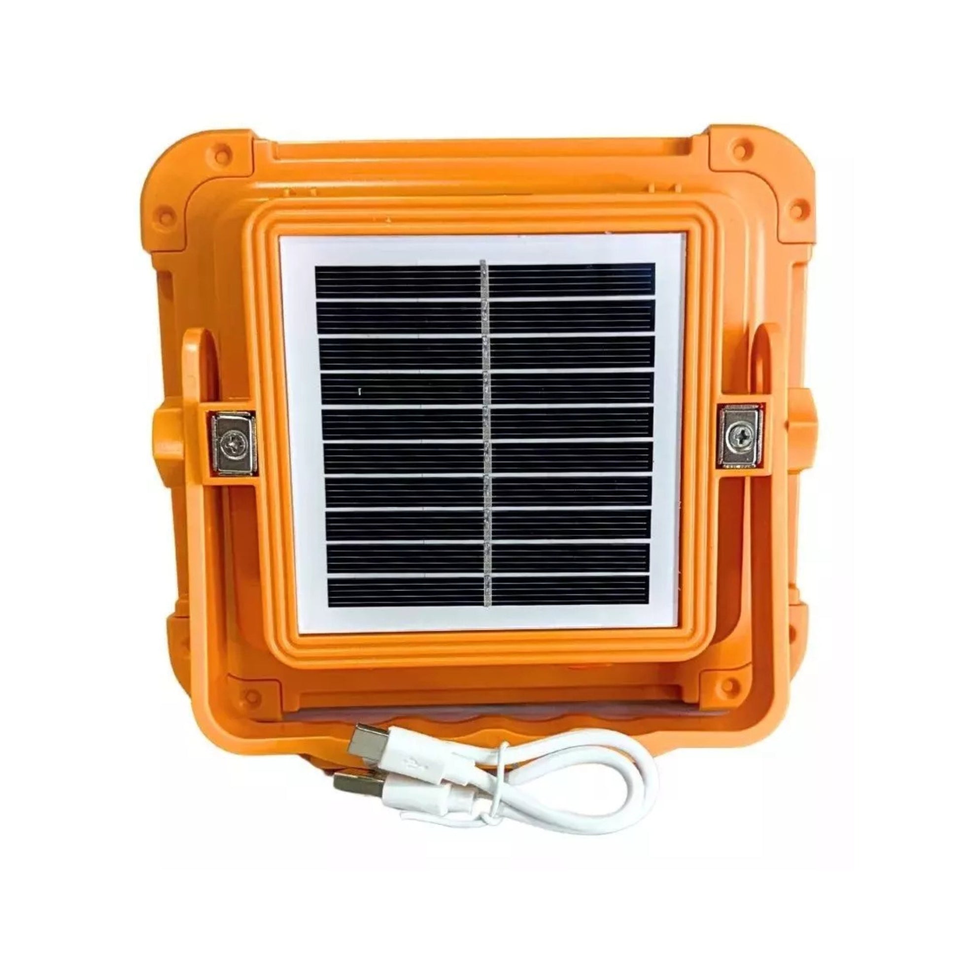 Foco portátil LED 200W con panel solar integrado y carga USB para uso autónomo.