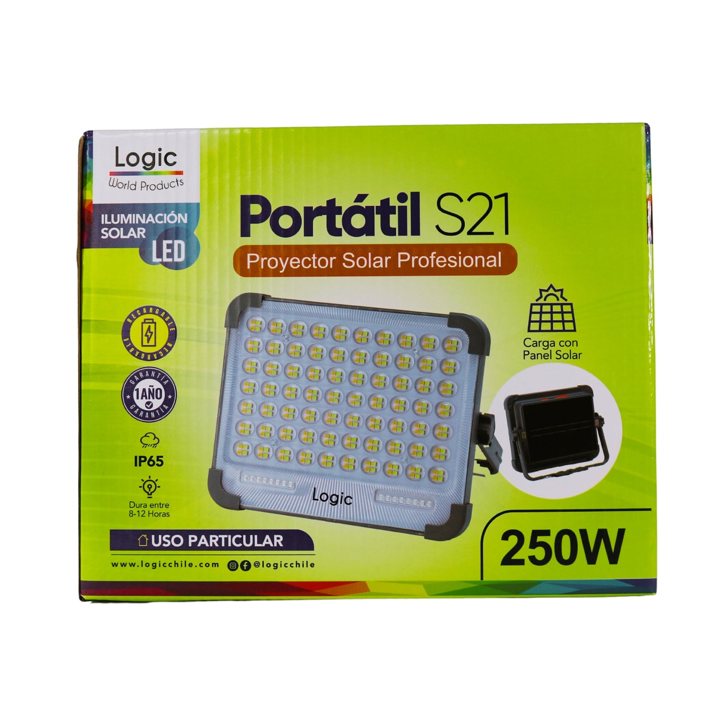 Foco solar portátil profesional S21P-250W con iluminación LED y carga solar, presentado en su caja original Logic.