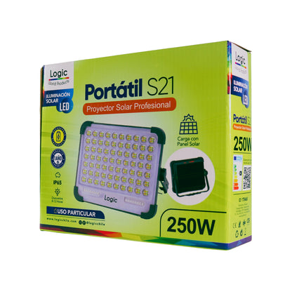 Empaque del foco solar portátil S21P-250W Logic con información de potencia, carga solar y protección IP65.