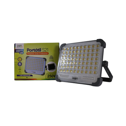 Foco solar portátil profesional S21P-250W con diseño compacto, base ajustable y LEDs de alta potencia para uso exterior.