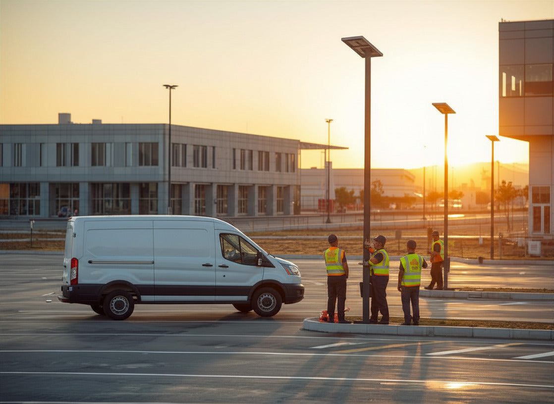 Equipo técnico instalando luminarias solares peatonales en estacionamiento corporativo al atardecer, junto a vehículo de servicio.