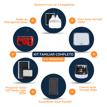 Contenido del Kit Familiar Completo Felibox para 4-5 personas ante apagones y emergencias.