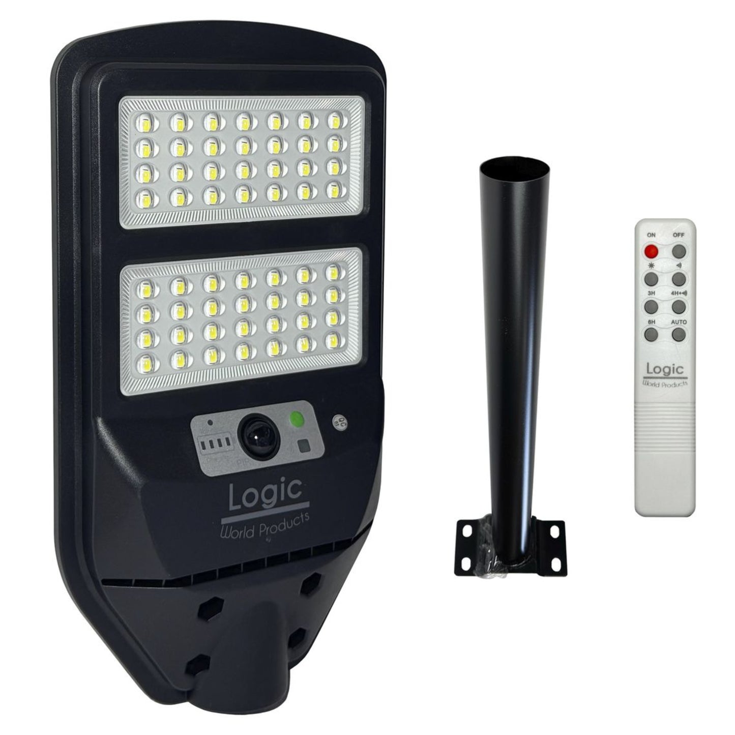 Luminaria solar peatonal 100W con panel solar integrado y sensor de movimiento para iluminación exterior.