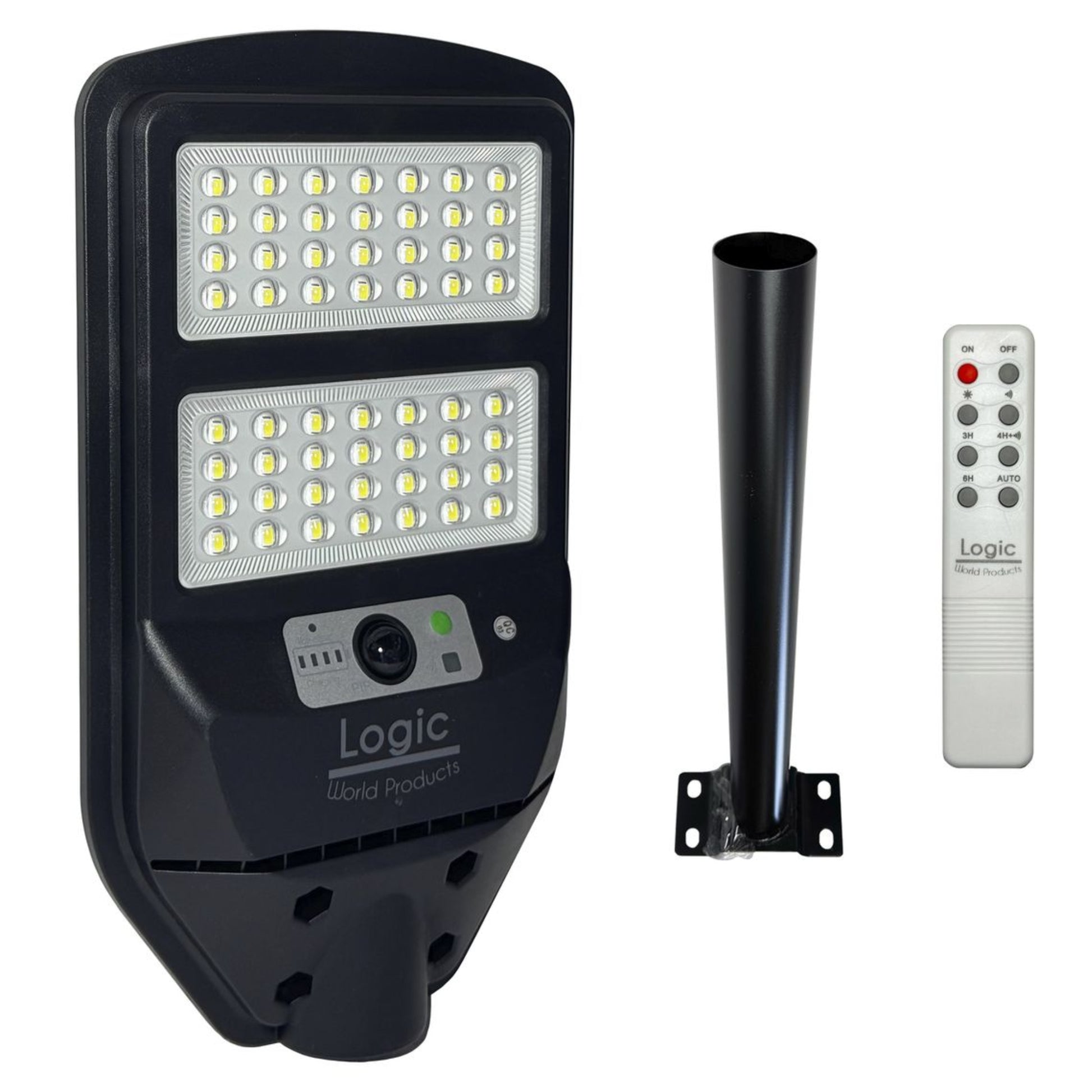 Luminaria solar peatonal 100W con panel solar integrado y sensor de movimiento para iluminación exterior.