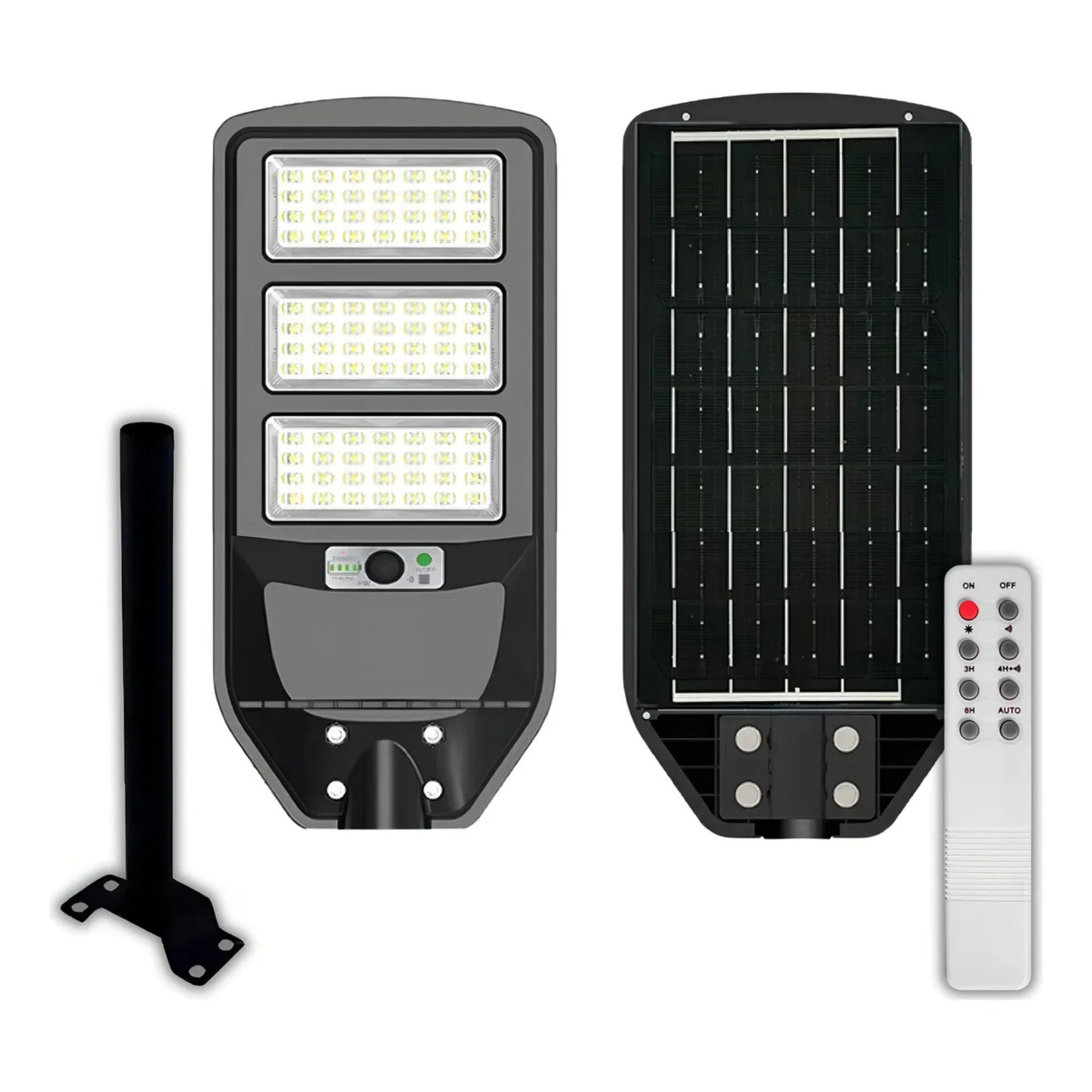 Luminaria solar peatonal 150W con panel solar integrado y sensor de movimiento para iluminación exterior.