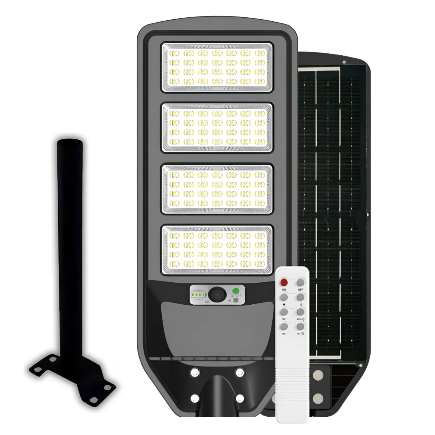 Luminaria solar peatonal 200W con panel solar integrado y sensor de movimiento para iluminación exterior.