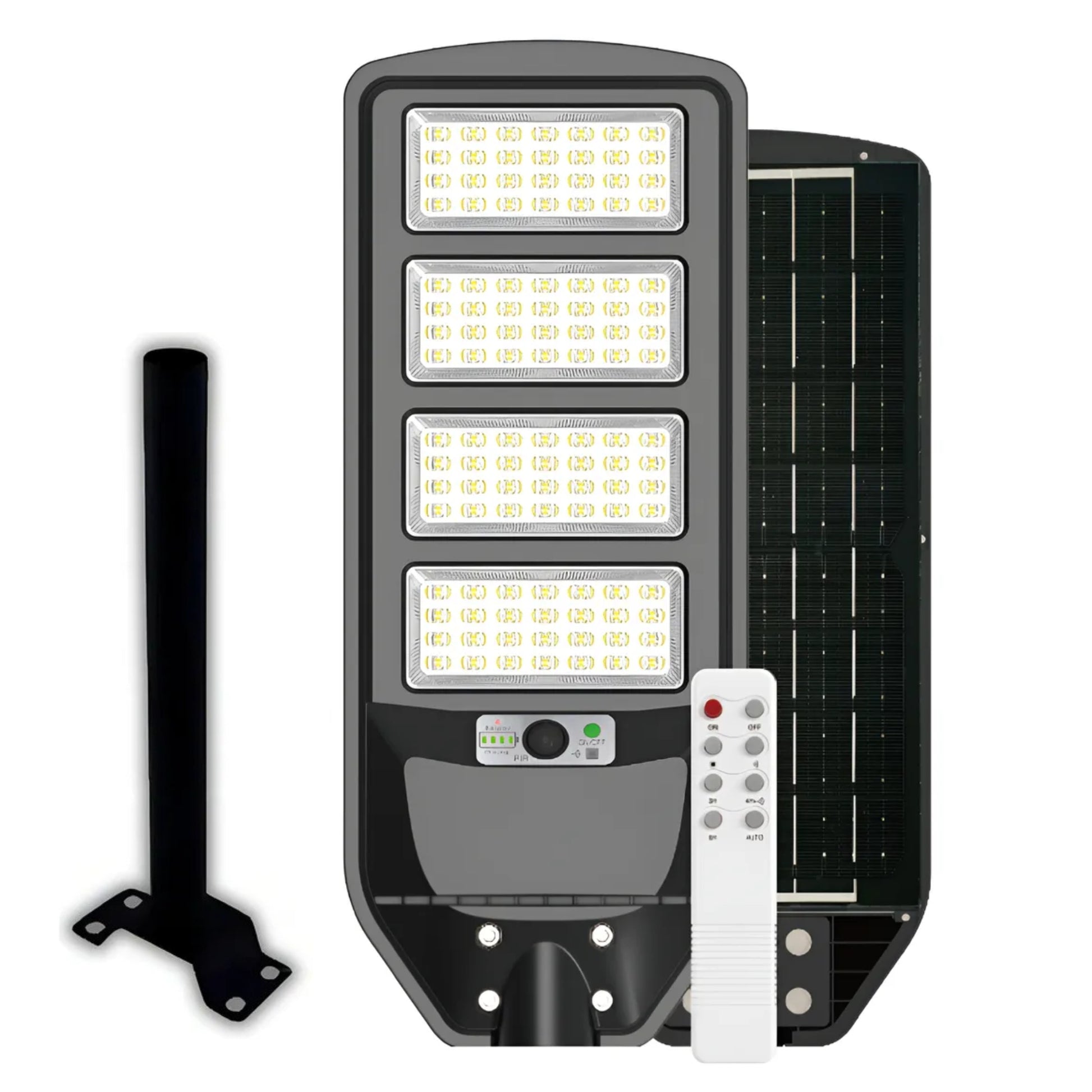 Luminaria solar peatonal 200W con panel solar integrado y sensor de movimiento para iluminación exterior.