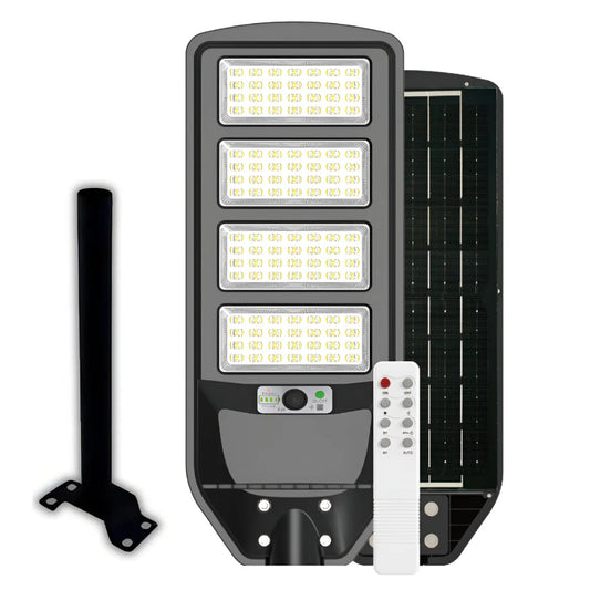Luminaria solar peatonal 200W con panel solar integrado y sensor de movimiento para iluminación exterior.