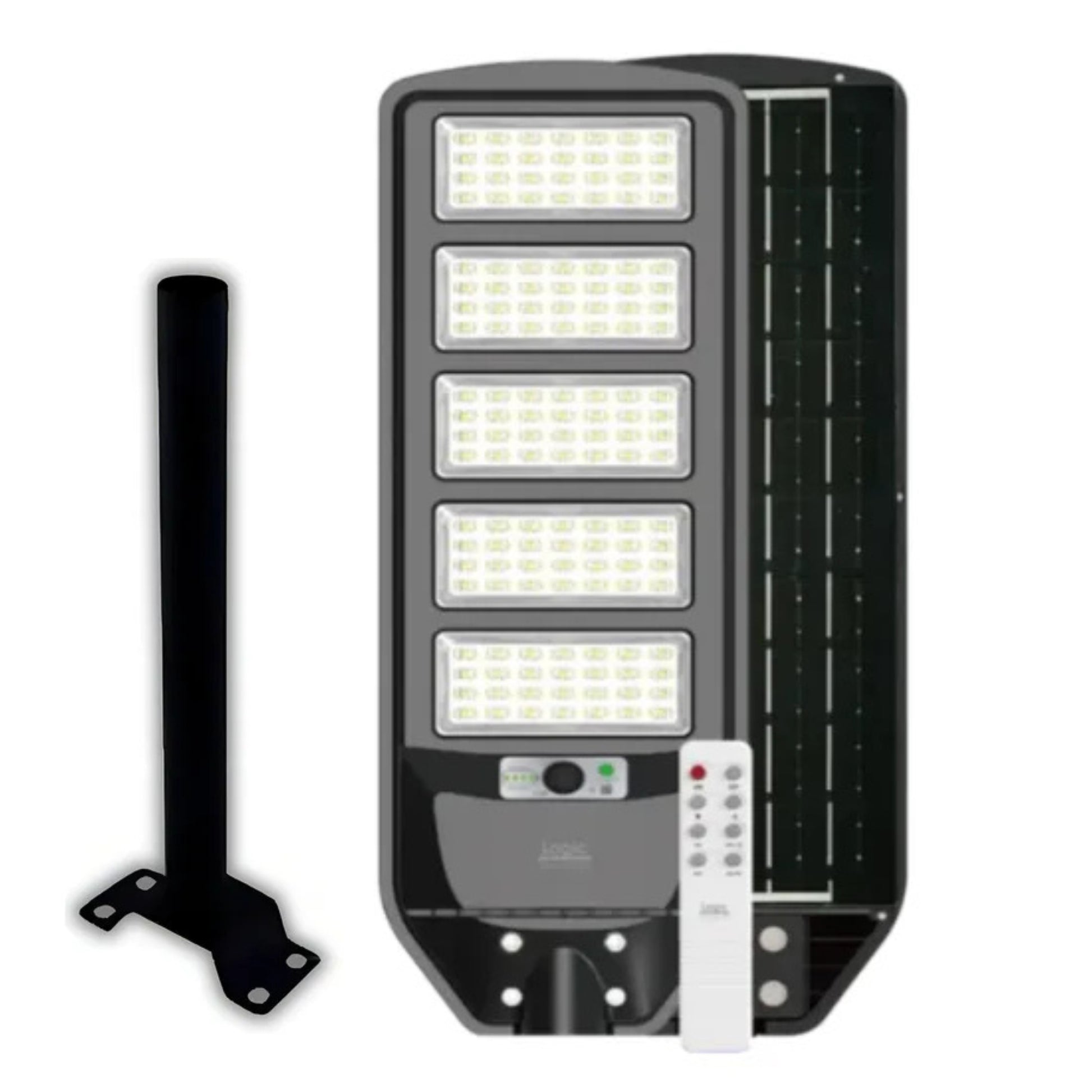 Luminaria solar peatonal 250W con panel solar integrado y sensor de movimiento para iluminación exterior.