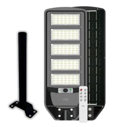 Luminaria solar peatonal 250W con panel solar integrado y sensor de movimiento para iluminación exterior.