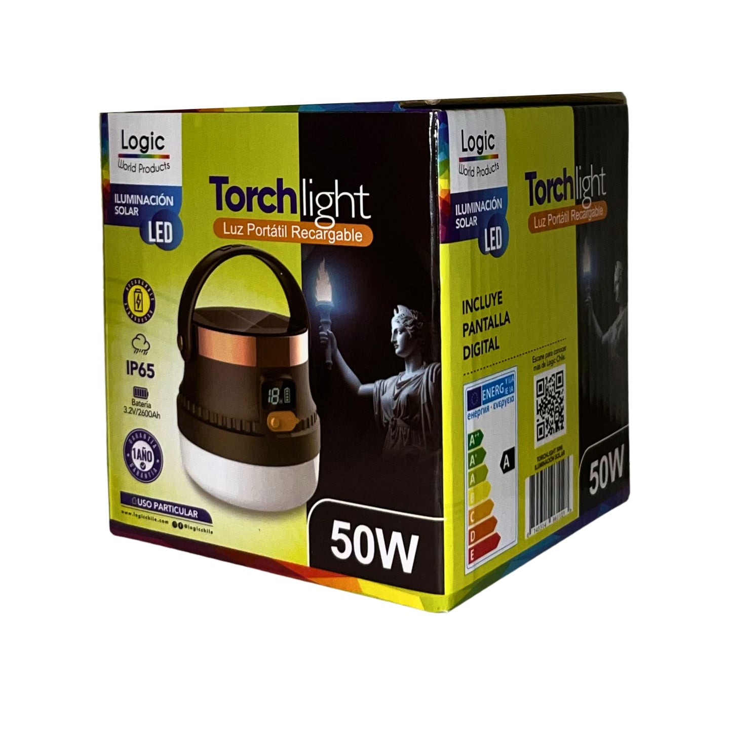 Caja linterna solar portátil recargable Torchlight 50W LOGIC con pantalla digital e iluminación LED.