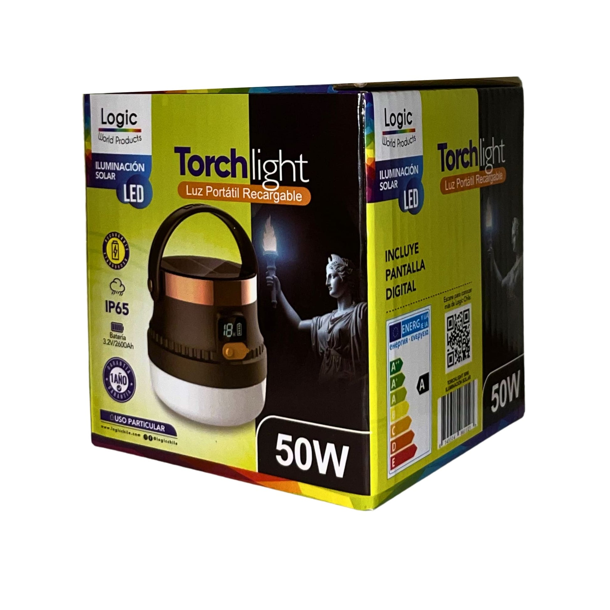 Caja linterna solar portátil recargable Torchlight 50W LOGIC con pantalla digital e iluminación LED.
