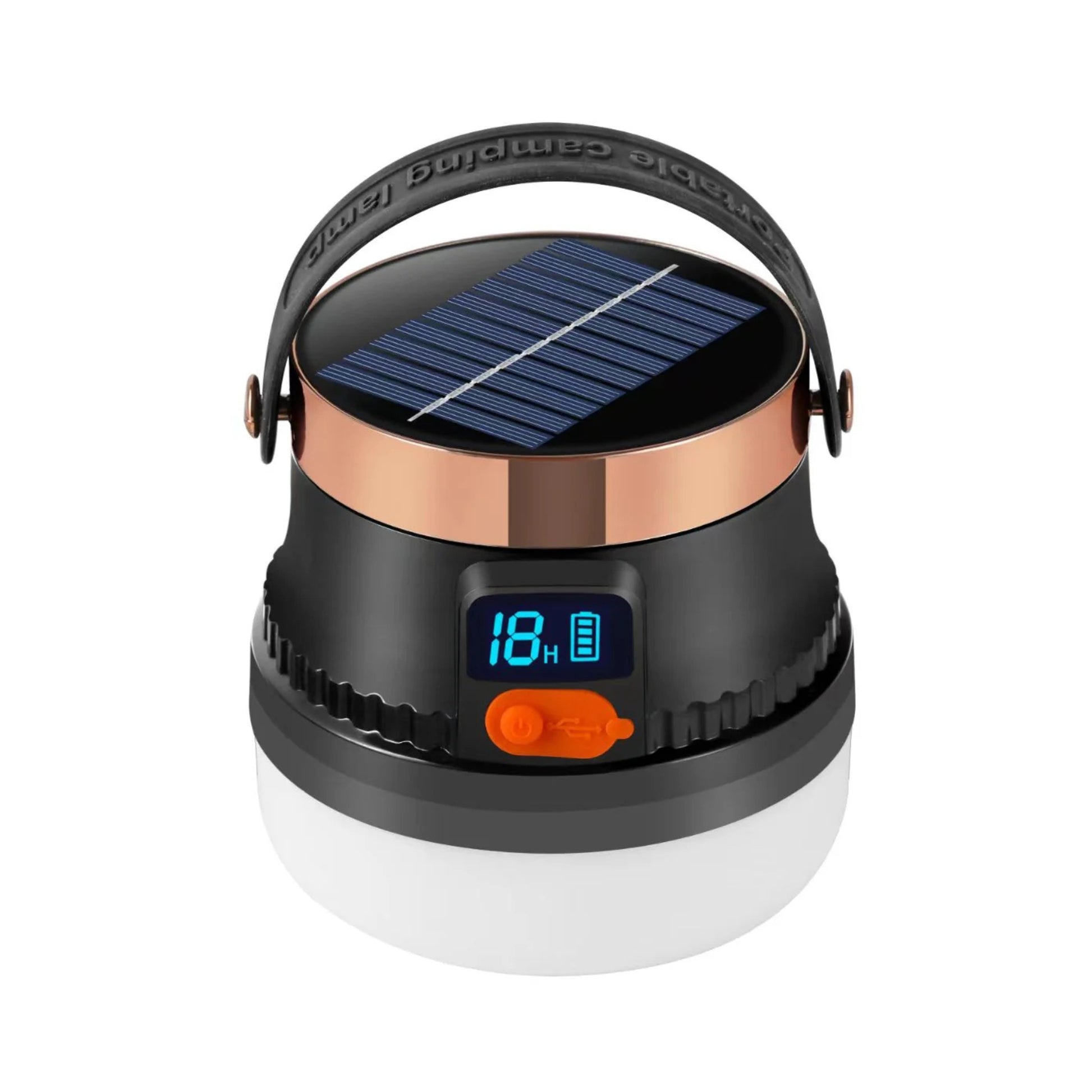 Linterna solar portátil recargable Torchlight 150W encendida mostrando iluminación LED de alta potencia.