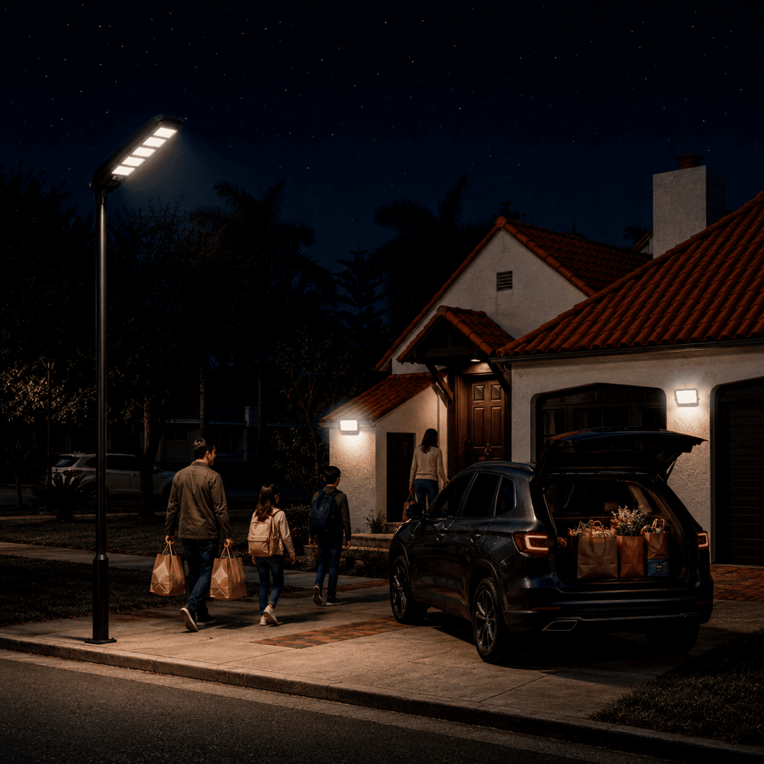 Familia llegando a su casa durante la noche con luminaria peatonal solar y proyectores solares LED iluminando el acceso, la vereda y el estacionamiento para mayor seguridad exterior.
