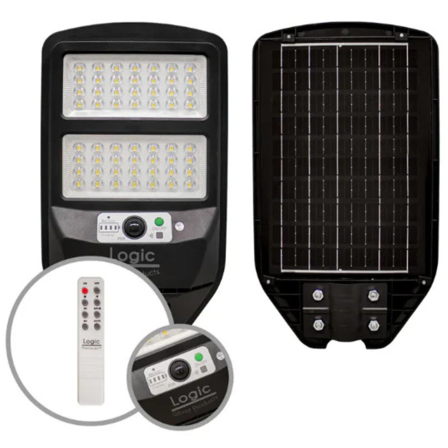 Foco LED de luminaria solar peatonal 100W con sensor de movimiento para iluminación de calles y accesos.