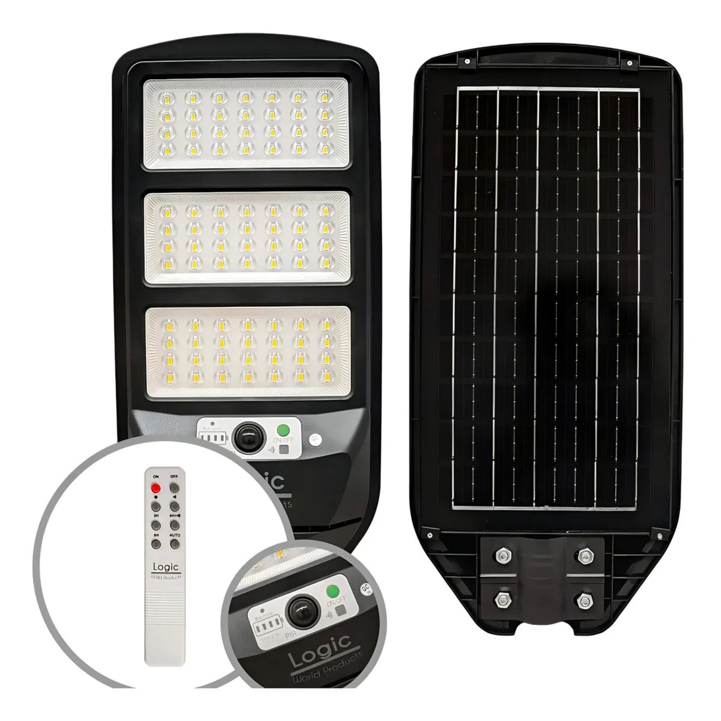 Foco LED de luminaria solar peatonal 150W con sensor de movimiento para iluminación de calles y accesos.