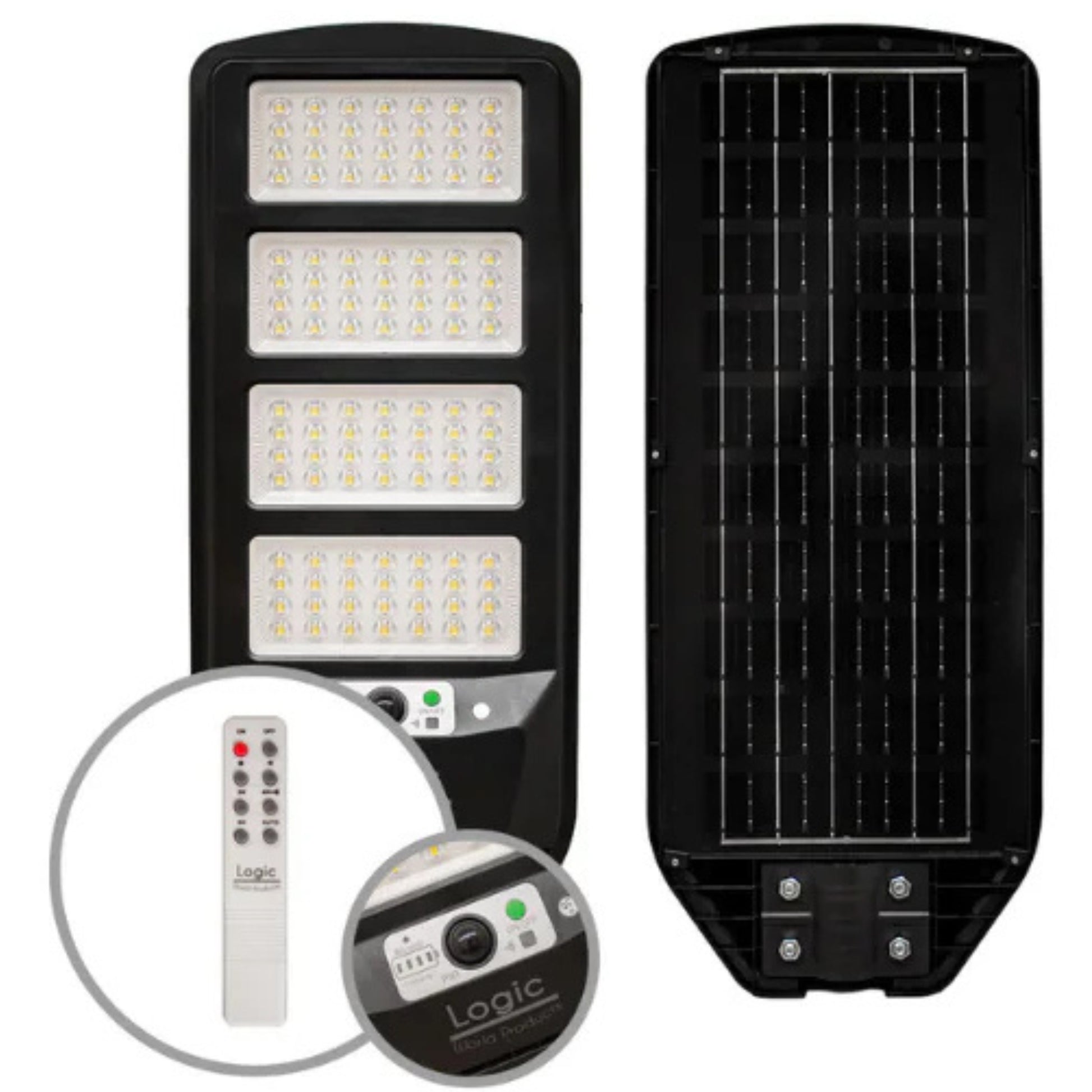 Foco LED de luminaria solar peatonal 200W con sensor de movimiento para iluminación de calles y accesos.