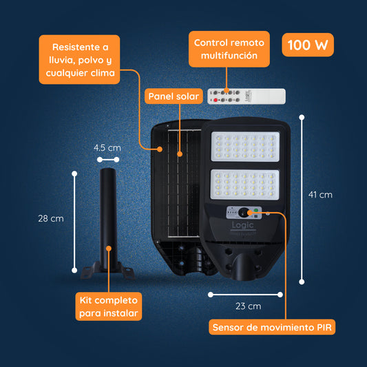 Detalle de kit luminaria solar Felibox de 100W con sensor de movimiento y control remoto.