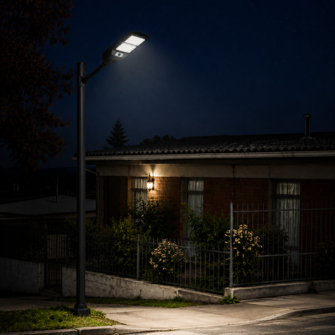 Luminaria solar LED Felibox de 100W para exterior, iluminación autónoma con panel solar para patios o pasajes.