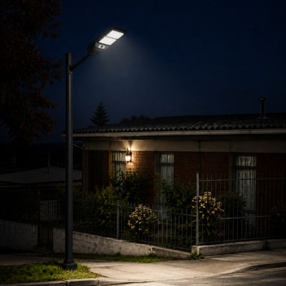 Luminaria solar LED Felibox de 100W para exterior, iluminación autónoma con panel solar para patios o pasajes.