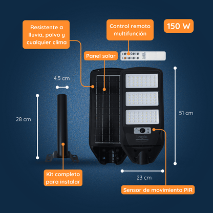 Detalle de kit luminaria solar Felibox 150W foco con sensor de movimiento y panel solar.