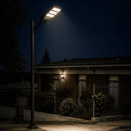 Luminaria solar LED Felibox de 150W para exterior, más alcance e iluminación autónoma sin electricidad.
