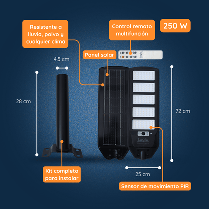 Luminaria peatonal solar LED Felibox de 250w para exterior con sensor de movimiento PIR y resistente a lluvia, polvo y cualquier clima.