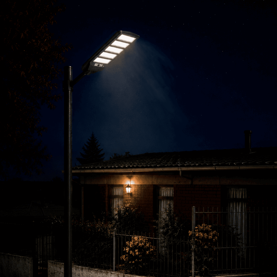 Luminaria solar LED Felibox de 250W para exterior, iluminación autónoma con panel solar para patios o pasajes.