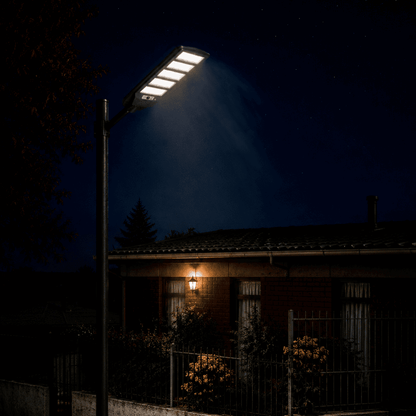 Luminaria solar LED Felibox de 250W para exterior, iluminación autónoma con panel solar para patios o pasajes.