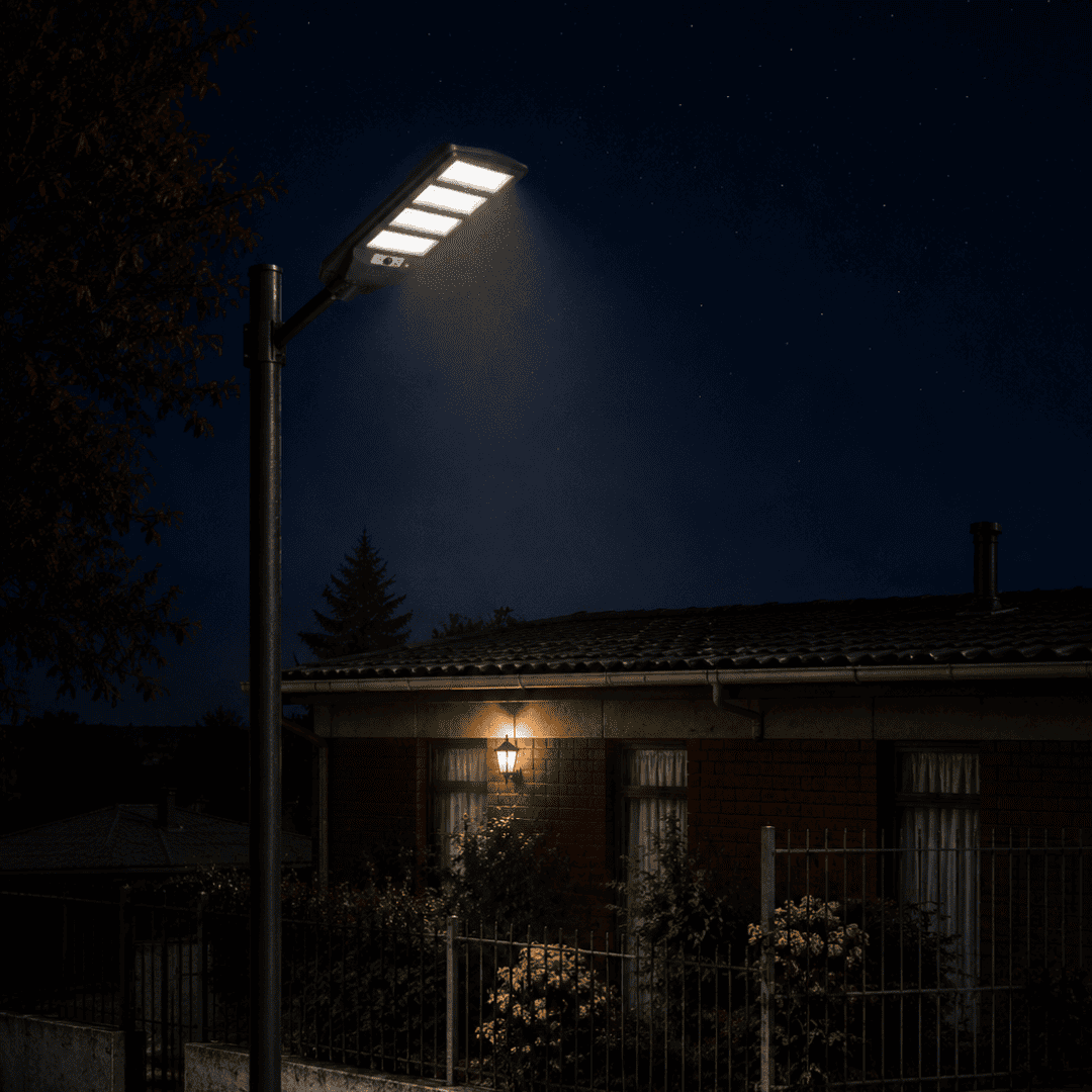 Luminaria solar LED Felibox 200W para exterior, cobertura amplia con panel solar e iluminación autónoma.