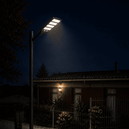 Luminaria solar LED Felibox 200W para exterior, cobertura amplia con panel solar e iluminación autónoma.